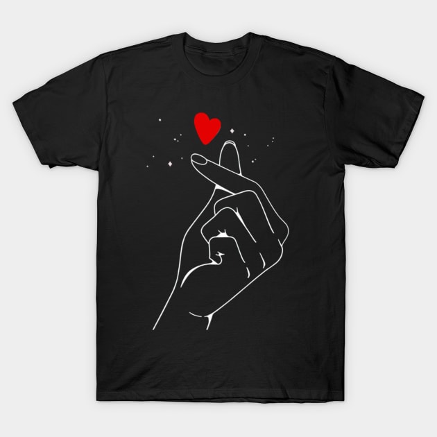 Korean finger heart sign design red heart, k pop, T-Shirt by Maroon55